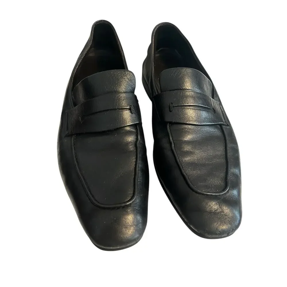 ERMENEGILDO ZEGNA L'Asola Penny Loafers •Men US 8.5•Black Lambskin Leather Italy